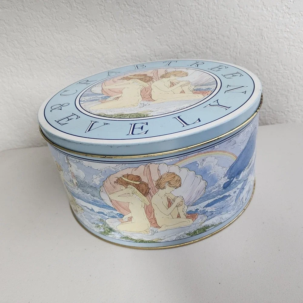 VTG 1988 Crabtree & Evelyn Large Round Tin Cherubs Ocean Dolphins Sea Turtles